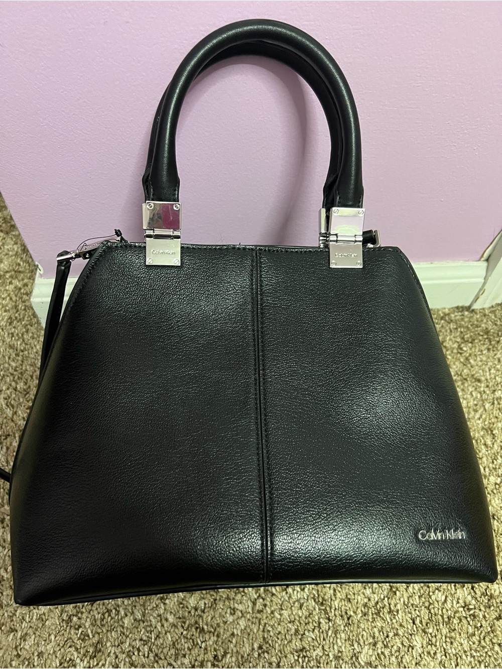 Calvin Klein Black Structured Satchel with Silver Hardware